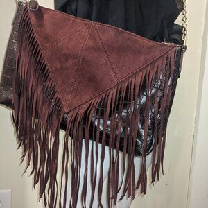 Maroon and Brown purse with fringe and a metal chain strap